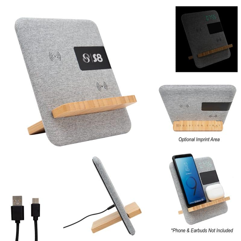 Custom Fabric & Bamboo Wireless Charger With Clock