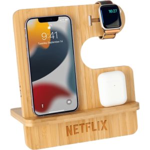 Custom 3in1 Bamboo Wireless Desk Stand (15W) (PEARSOLL)